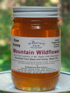 A jar of Mountain Wildflower honey from Brookfield Farm Bees And Honey, Maple Falls, WA